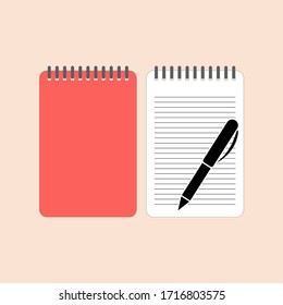Vector illustration of a closed and open notebook design with a pen for writing.