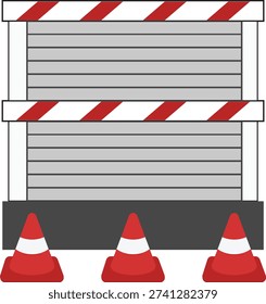 Vector illustration of a closed roller shutter door with red and white warning barricades and traffic cones in front. Construction or restricted area concept featuring safety barriers and road cones.