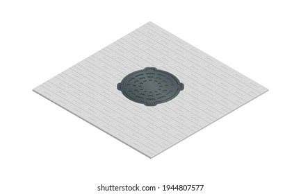 Vector illustration closed sewer hatch isolated on white background. Realistic manhole cover icon in flat cartoon style. Well hatch. Сlosed sewer pit with a hatch. Construction material.