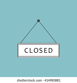 Vector illustration closed sign. Flat icon on blue background. Closed sign hanging on nail