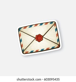 Vector illustration. Closed vintage mail envelope with wax seal. Not read incoming message. Sticker in cartoon style with contour. Decoration for greeting cards, patches, prints for clothes, badges