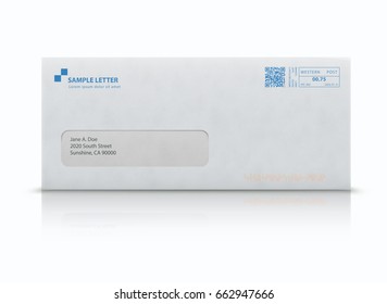 Vector illustration of closed white envelope for letters and documents with transparent window and post stamps isolated on white background. Mockup post envelope.