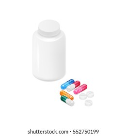 Vector illustration. Closed white Pill bottle on white background, colorful capsules with granules and tablets. Template for design of cards, posters, invitations to medical clinics. 3D. Isometric.