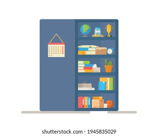 Vector illustration of a closet for storing books and things. Drawing of a wall with a calendar to remind you of important things to do. Journal, kigi, shelves, globe, goblet.