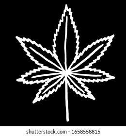 
 Vektorillustration. Nahaufnahme von Cannabisblättern auf schwarz-isoliertem Hintergrund. Cover-Design, Bekleidungsausdruck.