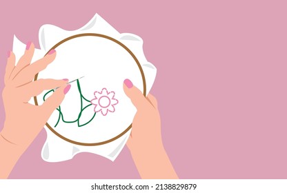 Vector illustration - Close-up female hands holding round wooden hoops and embroider a flower on fabric isolated and space for copying. Concept - needlework and hobbies