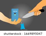 Vector illustration  Close-up of a hand holding a sharp knife and stripped of the cloth covering the nose  And the nose mask box is on the hand  Sending