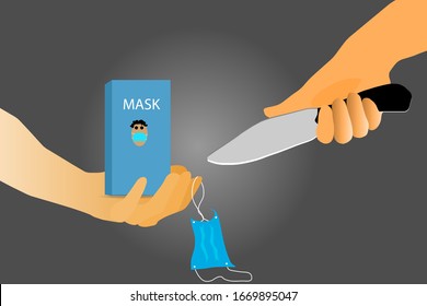 Vector illustration  Close-up of a hand holding a sharp knife and stripped of the cloth covering the nose  And the nose mask box is on the hand  Sending