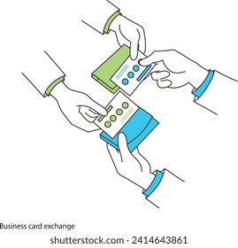 Vector illustration of a close-up of the hands of two people exchanging business cards