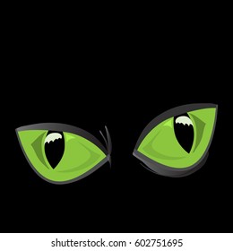 vector illustration of close-up, huge, shiny, green cat eyes on a black background
