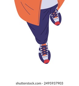 Ilustración vectorial de un primer plano de piernas humanas vestidas con pantalones, una chaqueta naranja y zapatillas deportivas. El personaje se dedica a caminar o montar en monopatín en estilo plano sobre un fondo aislado.