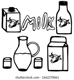 Vector illustration. Close-up of milk containers and the inscription on a white isolated background. Cover design.