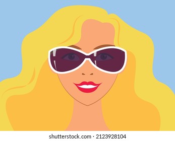 Vector Illustration - A Close-up Portrait Of A Glamorous Blonde Woman With Wavy Hair Wearing Sunglasses With A Smile. Concept Avatar