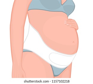 Vector illustration. Close-up realistic pregnant woman standing at a half-turn in belly bandage . For advertising, medical publications, medicines package, medicinal products, skin cream. EPS 10.