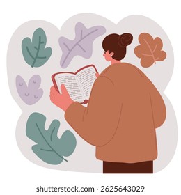 Vector illustration of Closeup rear view woman reading book