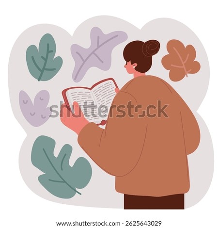 Vector illustration of Closeup rear view woman reading book