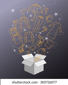 Vector illustration of clothes and accessories flying out of the box with dashed line swirls and white stars on the gradient background. Poster, advertisement, card, flayer design element.