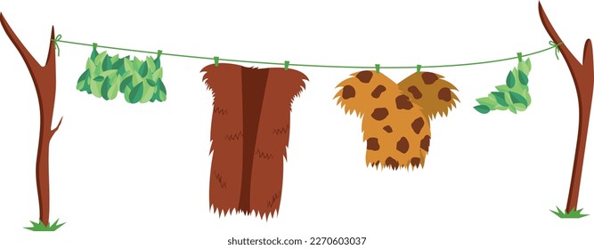 Vector illustration of clothes of an ancient man in the Stone Age hanging from a rope between 2 wooden sticks. Pants, shirt, underwear, dress