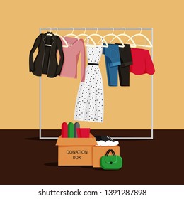 Vector Illustration of Clothes Donation. Carton Boxes Full of Clothes. Jacket, Skirt, Jeans and Dress on Hangers. Concept Design of Donate Clothes. Drawing for Charity Day