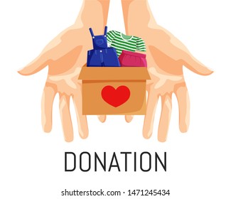 Vector Illustration of Clothes Donation in Cartoon Flat Style isolated on White Background. Concept Design of Charity and Social Care. Drawing of Hands or Palms with Donation Box with Items of Clothes