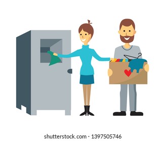 Vector Illustration of clothes donation. Charity hand drawn concept. Vector color illustration.