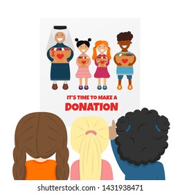 Vector Illustration of Clothes Donation Concept. Girls are Seeing a Poster with Group of Children with Donation Boxes. Charity Concept Design. It's Time to Make a Donation