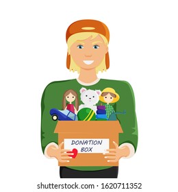 Vector Illustration of Clothes Donation with Guy isolated on White Background. Young Man Holding Donation Box with Toys. Social Care and Charity Concept in Cartoon Flat Style. Minimalism Lifestyle