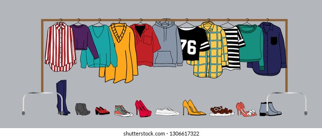 Vektorgrafik von Kleidung auf Hängern - Hemden, Pullover, Tunics, Jacken.Auch präsentierte Schuhe.