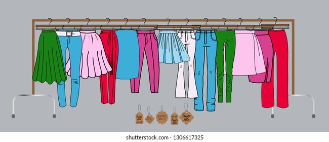 Vector illustration of clothes on hangers - skirts, pants. Also presented shoes.