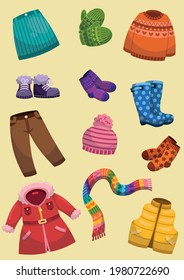 Vector illustration of children’s clothes set. Colorful winter clothes. Gloves, knit cap, coat, skirt, boot, shoes, scarf, socks, pants, sweater, body warmer.