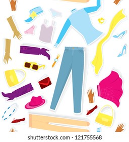 Vector illustration of clothes stickers cut out of paper seamless background