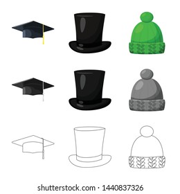 Vector illustration of clothing and cap icon. Set of clothing and beret vector icon for stock.