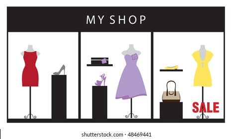 Vector illustration of a clothing store displaying beautiful dresses and accessories.