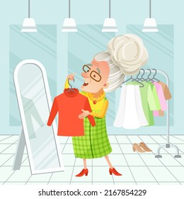 Vector illustration of a clothing store interior in nice light blue tones. Old woman with glasses tries on a blouse in front of a mirror. Clothes, wardrobe, shop, dress, shopping, fashion