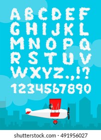 Vector illustration of cloud alphabet isolated on a blue sky and city landscape background. Cloudy font design decoration number typeface. Weather text heaven and flat airplane fluffy 
