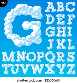 Vector illustration of cloud alphabet on a blue sky background. Font with serifs Uppercase