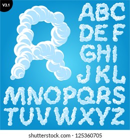 Vector illustration of cloud alphabet on a blue sky background. Freehand font Uppercase