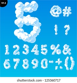 Vector illustration of cloud alphabet on a blue sky background. Font with serifs Glyphs