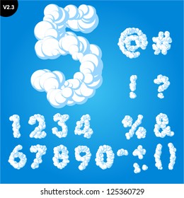 Ilustración vectorial del alfabeto de la nube sobre un fondo del cielo azul. Glifos de letra negrita