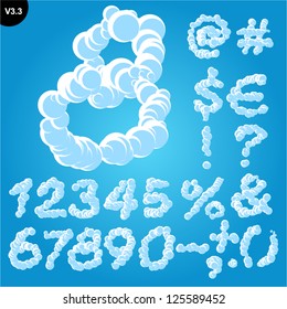Vector illustration of cloud alphabet on a blue sky background. Freehand font Glyphs