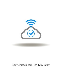 Vector illustration of cloud with check mark and wireless signal. Icon of cloud computing. Symbol of web server, hosting, data center.