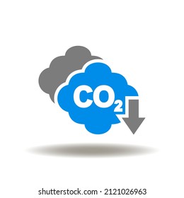 Vector illustration of cloud with co2 and arrow down. Symbol of carbon dioxide reduction. Icon of reduce CO2 emissions, carbon footprint, limit global warming and climate change.