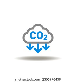 Vector illustration of cloud with CO2 and arrows down. Icon of carbon dioxide reduce. Symbol of CO2 emissions reduction.