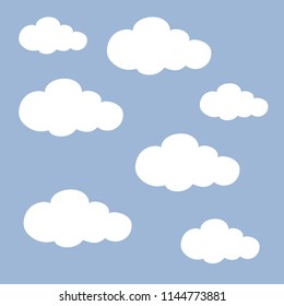 Vector illustration of cloud collection over blue sky background. Clouds of various forms and contours. Design element for weather forecast.