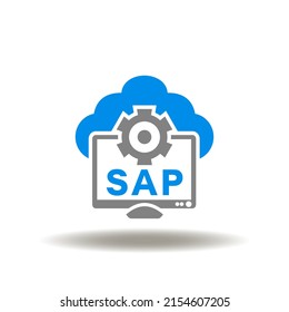 Vector illustration of cloud and computer monitor with gear and SAP abbreviation. Symbol of SAP Software of business process automation and management. Sign of ERP Enterprise Resources Planning.