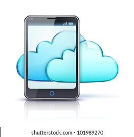 Vector illustration of cloud computing concept with modern cellphone and blue internet clouds icon
