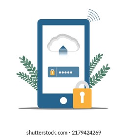 vector illustration cloud computing concept on security, database on cloud platform, information connecting, database cyber security