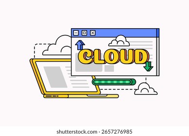 Vector illustration of cloud computing concept with a laptop, browser window, upload and download arrows, and loading bar  for tech-related content, data storage, or IT services