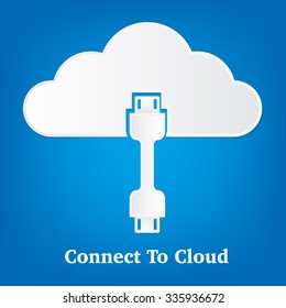 Vector illustration of cloud computing concept of connecting to cloud paper cut style with shadows on bright blue background.