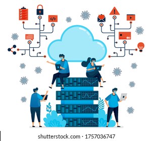 Vector illustration of cloud computing platform to support new normal work. Database tech for covid-19 pandemic. Design can be used for landing page, website, mobile app, poster, flyers, banner